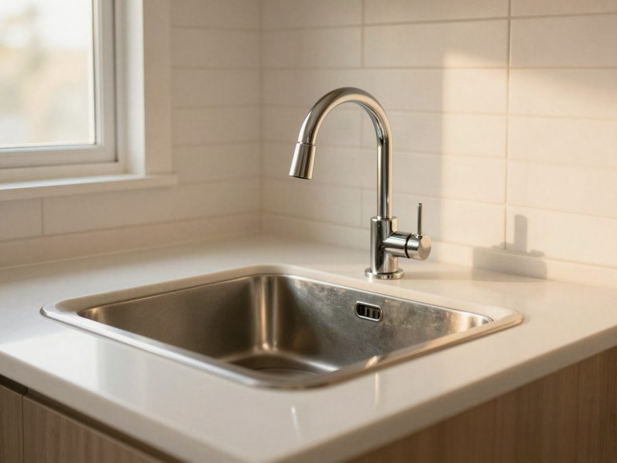 Spotless kitchen counter and polished stainless steel sink after a deep clean