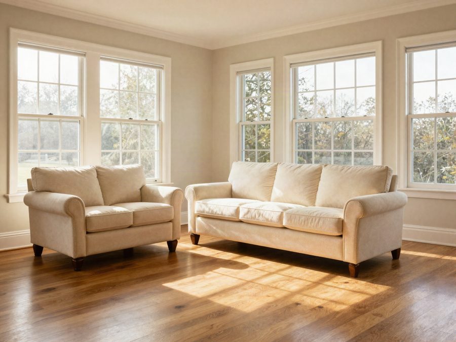 Bright, freshly cleaned living room with sunlight across a polished wood floor
